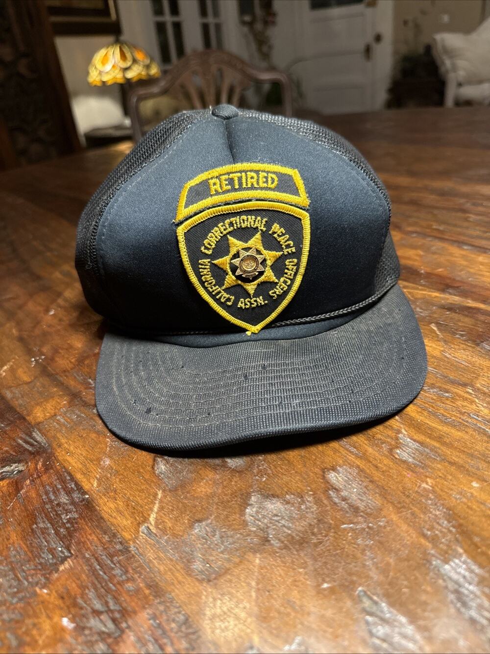 Vtg CCPOA Retired Trucker Hat Mesh Snapback With Metal Badge Pin Rope Brim Korea